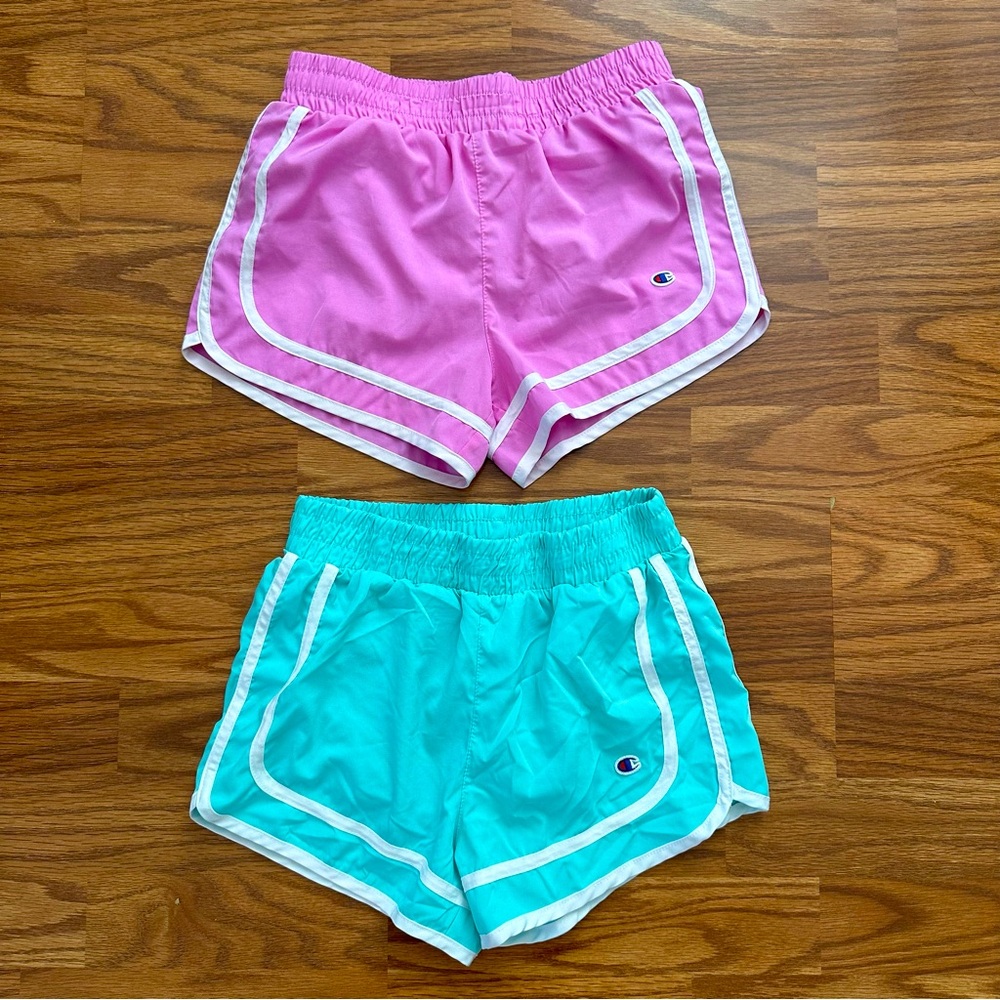 2x Champion Girls Medium Athletic Active Lined Shorts Aqua Green Blue Purple EUC
